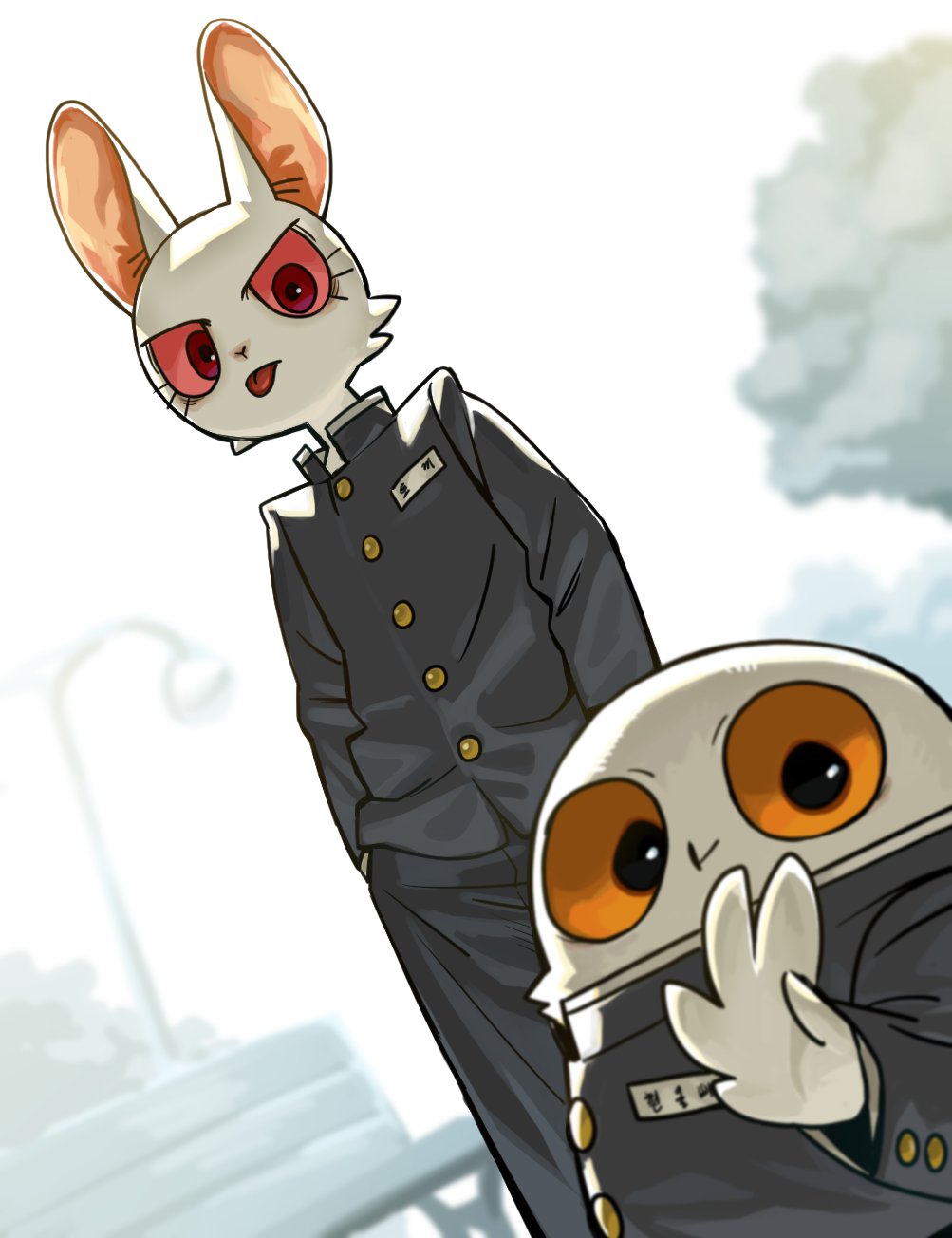 this is an illustration of two anime characters dressed in school uniforms, a rabbit and a bird, walking together down a street. the rabbit has red eyes and a big grin, while the bird has large, orange eyes and is waving. they are walking past a street lamp and a bench. the background is a light blue and white sky. the overall style is cartoonish and mangainspired.