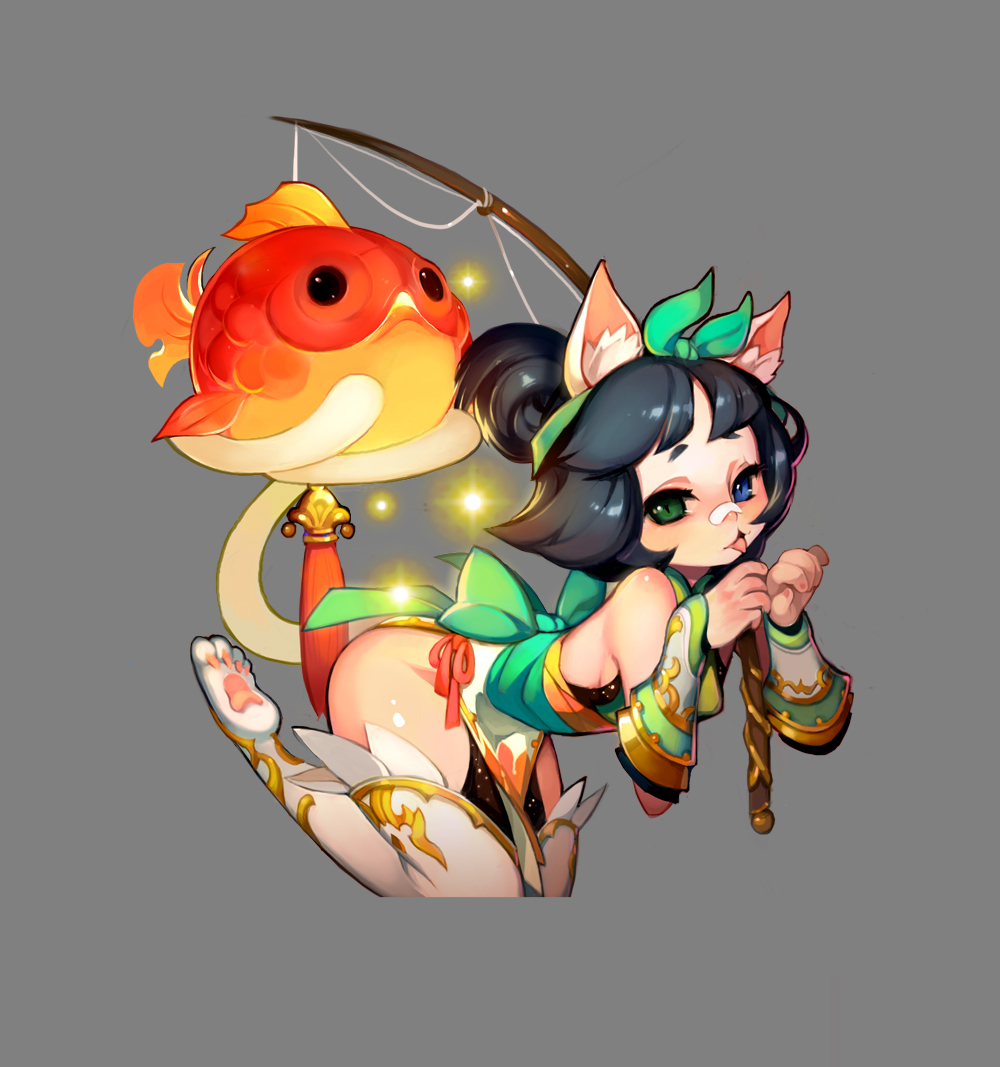 this is a digital illustration of a young anime girl with cat ears holding a fishing rod with a red fish on it. the girl is wearing a green dress and white pants. her hair is dark and pulled back in a ponytail.  the background is a light gray. the fish is a red and orange color. the art style is cartoon and fantasy.  this is a very cute and fun image.