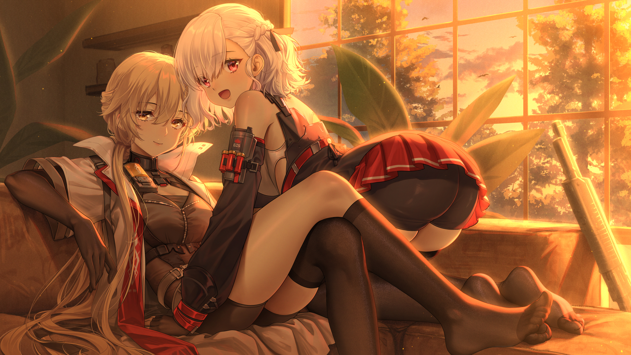 the image shows two anime girls sitting close together on a couch by a window. the girl in the foreground has long blonde hair and is wearing a darkcolored outfit. the girl behind her has short white hair and is wearing a red and black outfit. the setting appears to be a cozy room, with warm, sunsetcolored light streaming in from the window.  the overall mood is intimate and friendly, suggesting a close relationship between the two girls.  the art style is detailed and polished, characteristic of digital illustration.