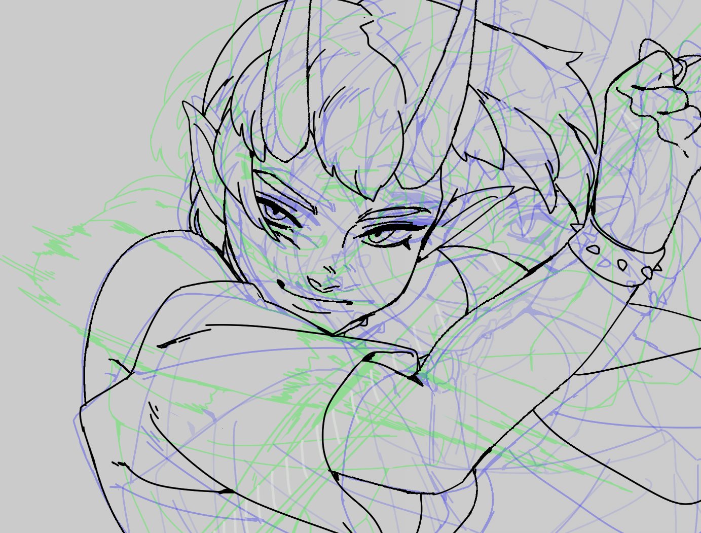 a sketch of an anime girl with horns and punk style, drawn with messy lines and scribbles. the character has horns, sharp eyes, and a fierce expression. they are wearing a jacket and wristband, giving them a rebellious look. the background is filled with abstract lines and scribbles. the overall style is edgy and mysterious, conveying a strong and rebellious personality.