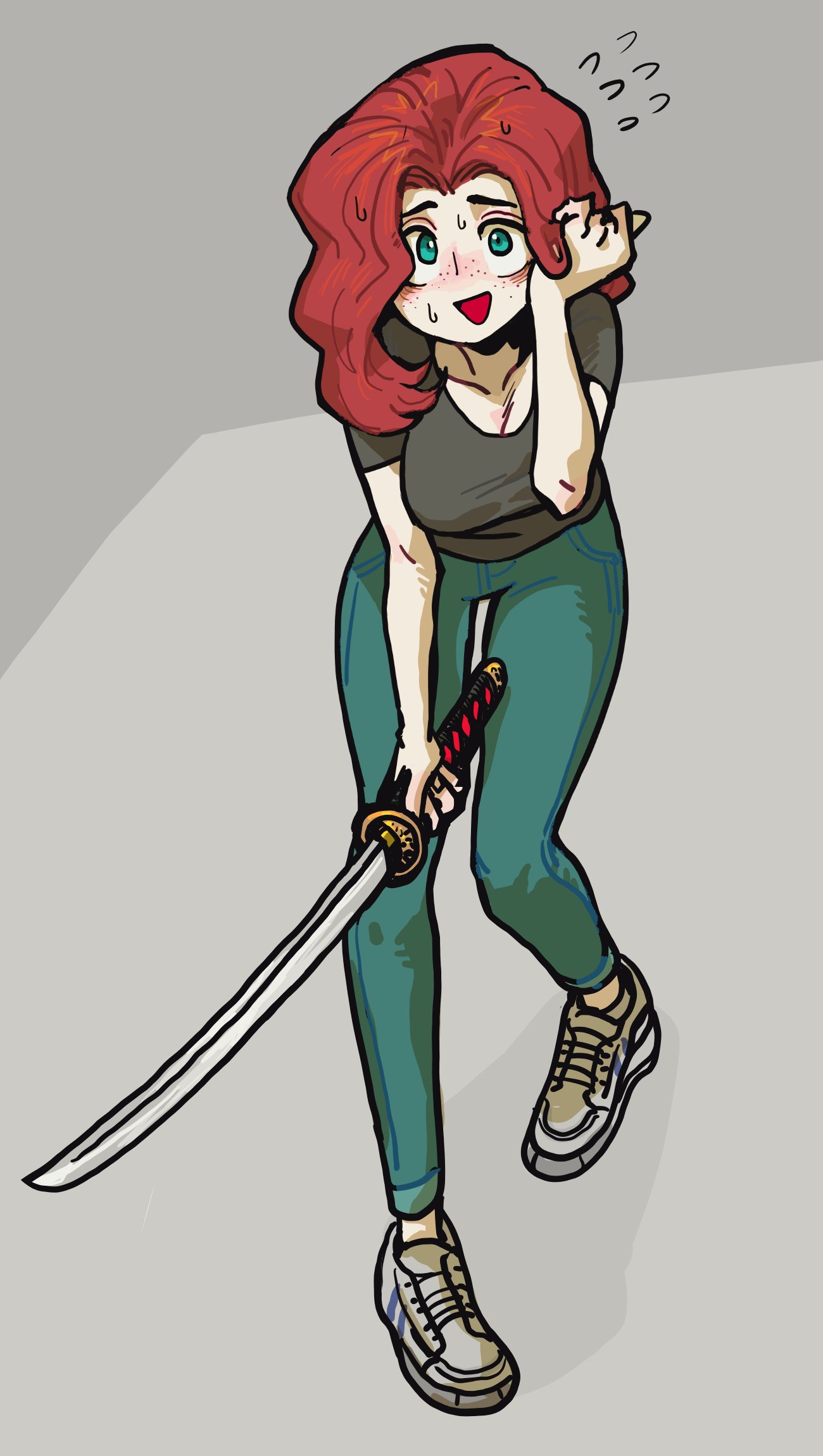 this is a cartoon illustration of a surprised woman with red hair, holding a sword. she is wearing blue jeans and white sneakers. the woman is surprised and has a shocked expression on her face. the illustration is done in a cartoon style and the woman is very expressive.