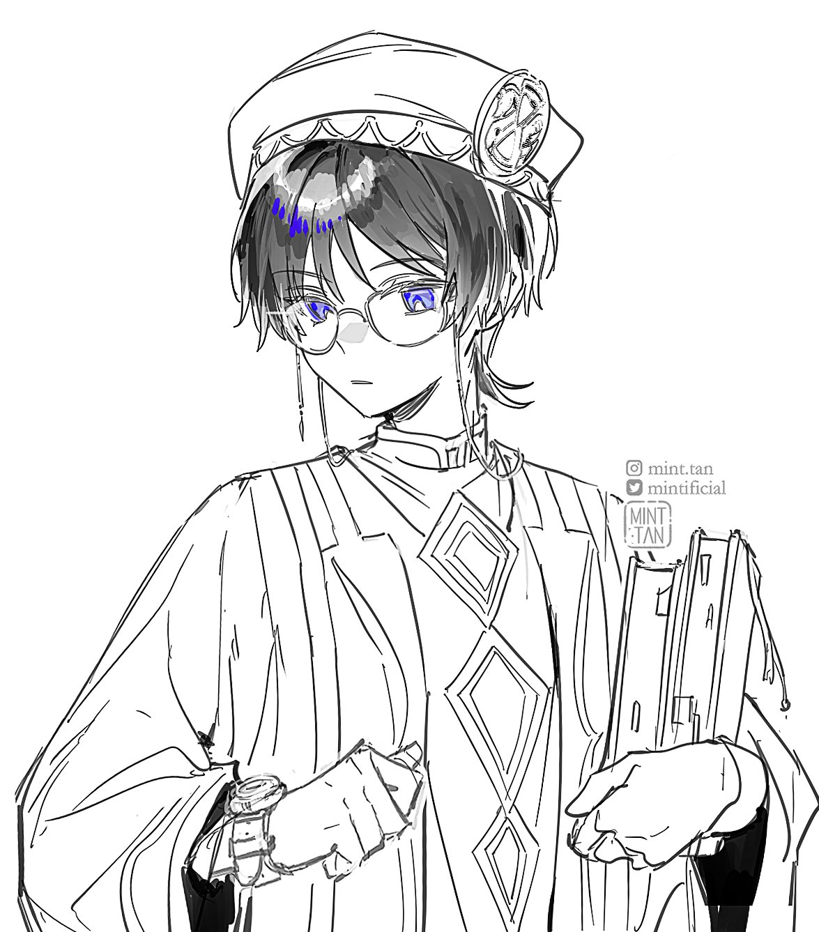 a line art drawing of an anime character holding a book. he has short black hair, blue eyes, and is wearing a hat and glasses. the background is white and the lines of the drawing are black.