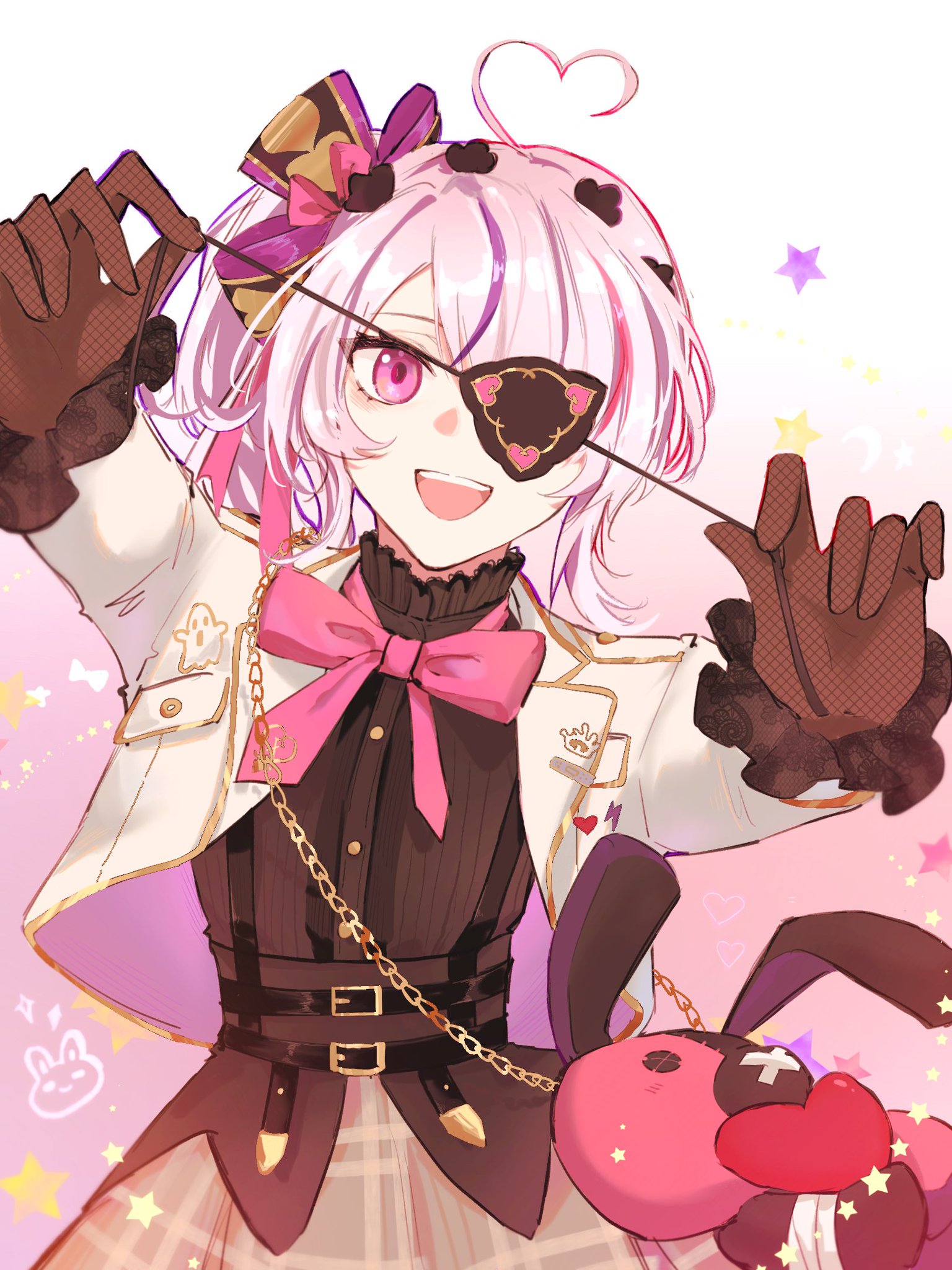 this is a digital illustration of a young anime girl with pink hair and bright eyes, dressed in a black, white, and pink outfit with a heartshaped bow tied around her neck. she is wearing a black eye patch and a white jacket over her clothes, and she is smiling happily. her expression is carefree and lighthearted, with a twinkle in her eye. she is holding onto a pink stuffed animal with rabbit ears. the background is a pink and white blur with stars and hearts scattered around the image.  it appears to be a playful and whimsical illustration of a character from an anime or manga. the girl's design is detailed and stylish, with a lot of attention paid to her accessories and clothing.