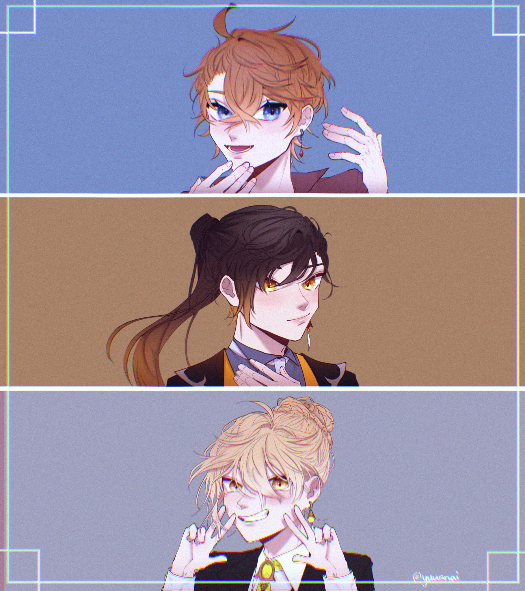 this is a digital art piece featuring three female anime characters. each character is depicted in a separate panel. in the top panel, a young woman with long brown hair and blue eyes is smiling and looking directly at the viewer.  in the middle panel, a young woman with long black hair and yellow eyes is smiling and looking at the viewer. in the bottom panel, a young woman with short blonde hair and blue eyes is smiling and looking at the viewer. the characters all have different outfits, and they appear to be wearing different clothing styles. the artwork has a soft, colorful style and includes a lot of detail.