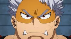 this is a closeup illustration of tetsutetsu tetsutetsu from the anime my hero academia. he is shown from the chest up, and his face is the central focus of the image. he has a determined and intense expression on his face, with his eyebrows furrowed and his teeth slightly bared. his red eyes are also prominent in the image, adding to his intense expression. he is wearing his hero costume, which includes a silver and orange mask that covers the top half of his face.