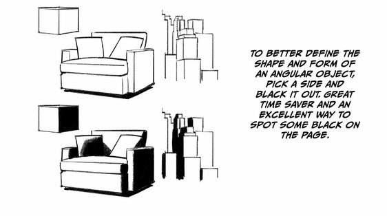 the image illustrates a technique for shading in drawing. two identical armchairs are presented, one with shading showing the steps of how to highlight angular shapes by blacking out the edges. the text explains that this technique is a time saver and allows for clear definition.