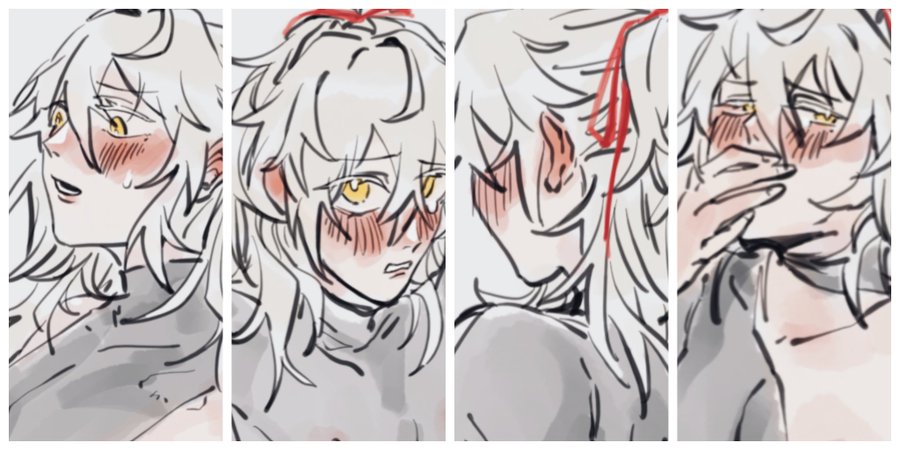 the image shows a collection of four panels featuring an anime character with white hair and red hair, blushing and looking embarrassed. each panel shows the character from a different angle, showcasing different expressions and emotions. the art style is simple and clean, with line art and light shading.