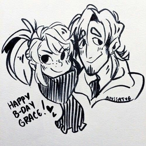 a black and white line art drawing of a girl and a boy. the girl is on the left, and the boy is on the right. the boy has one arm around the girl, and they're both smiling. there is a caption on the bottom left corner of the image that says "happy bday grace!" and has a heart next to it. it appears to be a birthday card.