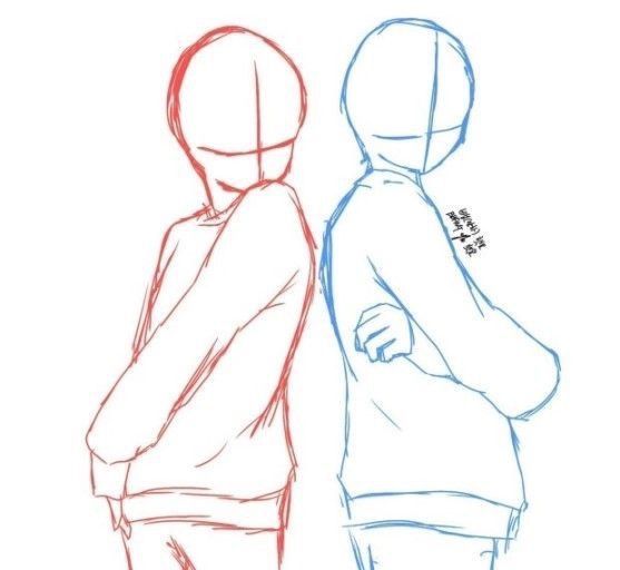 this is a sketch of two anime figures, one boy and one girl, standing back to back with arms crossed in front of them. the boy is drawn on the right with blue ink and the girl is drawn on the left with red ink.