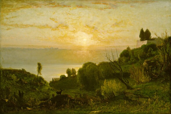 a landscape painting of a sunset over the ocean with trees, hills, and a building on a hill. a deer stands in a field in the foreground, and the sky is filled with golden light and clouds.