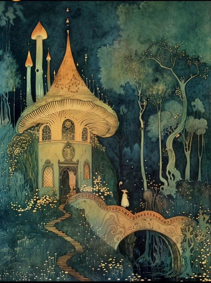 the image depicts a whimsical fairy tale scene with a mushroomshaped house as the central element. the house is built on a hill and has a winding staircase leading up to it. a bridge connects the house to a forest filled with tall, slender trees. a fairylike figure in a white dress and hat is walking across the bridge towards the house. the overall style is reminiscent of watercolor and digital art, creating a magical and dreamy atmosphere. the scene is set in a forest, with the mushroom house nestled among the trees.