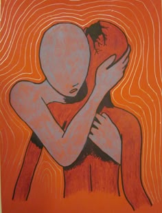 an abstract painting of two figures in a loving embrace. the figures are depicted in a close, intimate embrace, with their bodies intertwined and their faces pressed together. the painting is done in bold, expressive strokes of color, creating a sense of passion and emotion. the background is a swirling, abstract pattern of orange and red lines, which adds to the overall sense of energy and movement. the painting is a powerful depiction of the beauty and intensity of love.