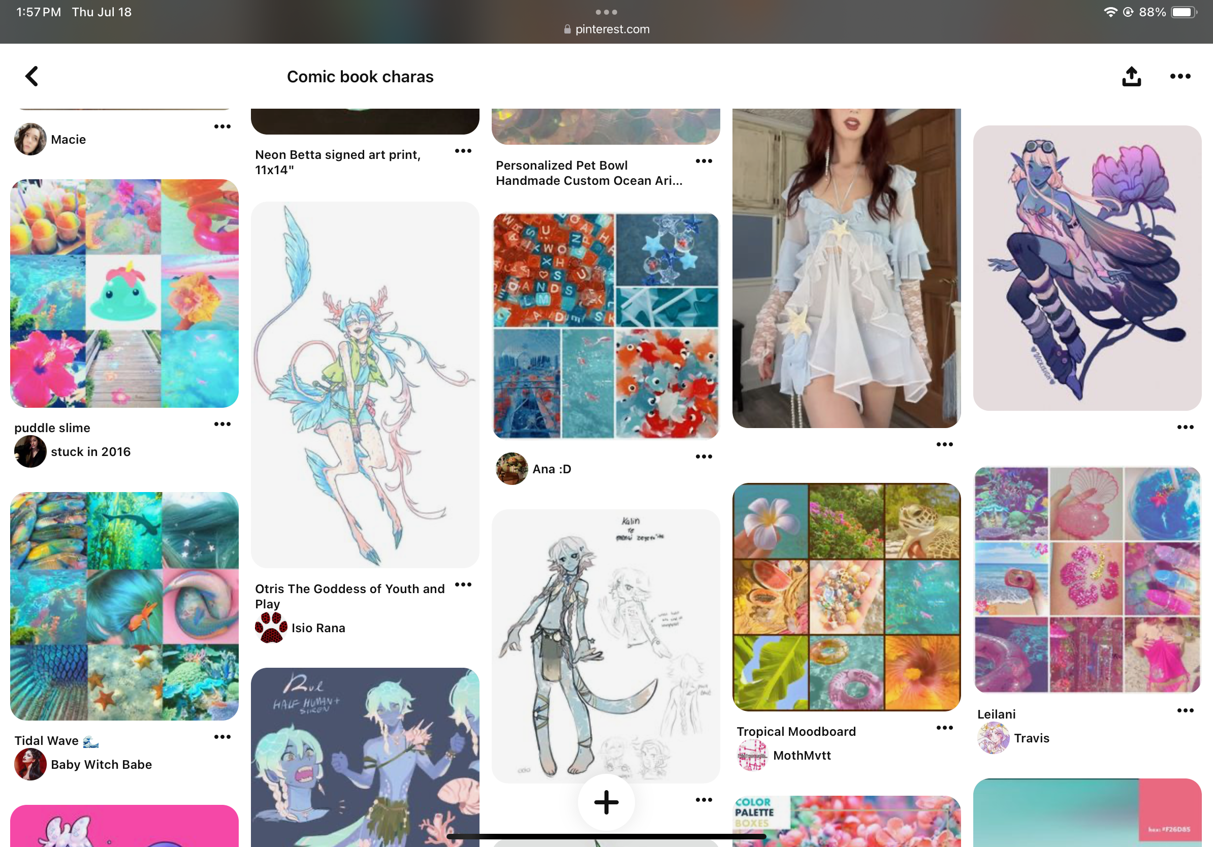 a screenshot of a pinterest board titled "comic book charas" featuring a collection of colorful digital art pieces, many with a tropical or fantasy theme, showcasing character designs and mood boards.  the art style leans towards neon and pastel palettes, with recurring motifs of mermaids, goddesses, and ocean life.