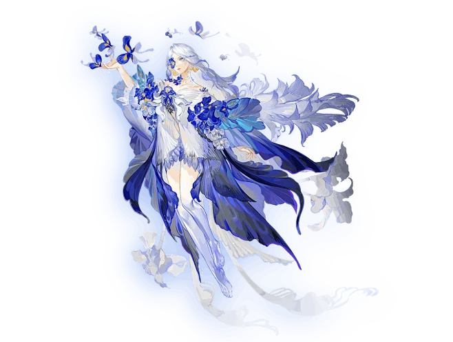 a woman with white hair, pale skin, and white and blue clothing stands with her left arm outstretched. surrounding her are blue butterflies and flowers in various shades of blue. the background is black.
