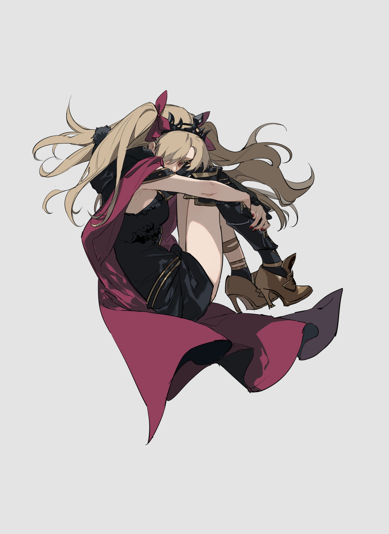 the image shows an anime girl with long, blonde hair, sitting with her knees hugged to her chest, looking sullen. she has a red ribbon in her hair. she is wearing a black dress, black jacket, brown boots, and a red cape. she is sitting in front of a plain background.