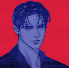 this is a digital illustration of a man with blue hair. he is wearing a blue jacket and is looking directly at the viewer with a serious expression on his face. the background is red. the illustration is in anime style.