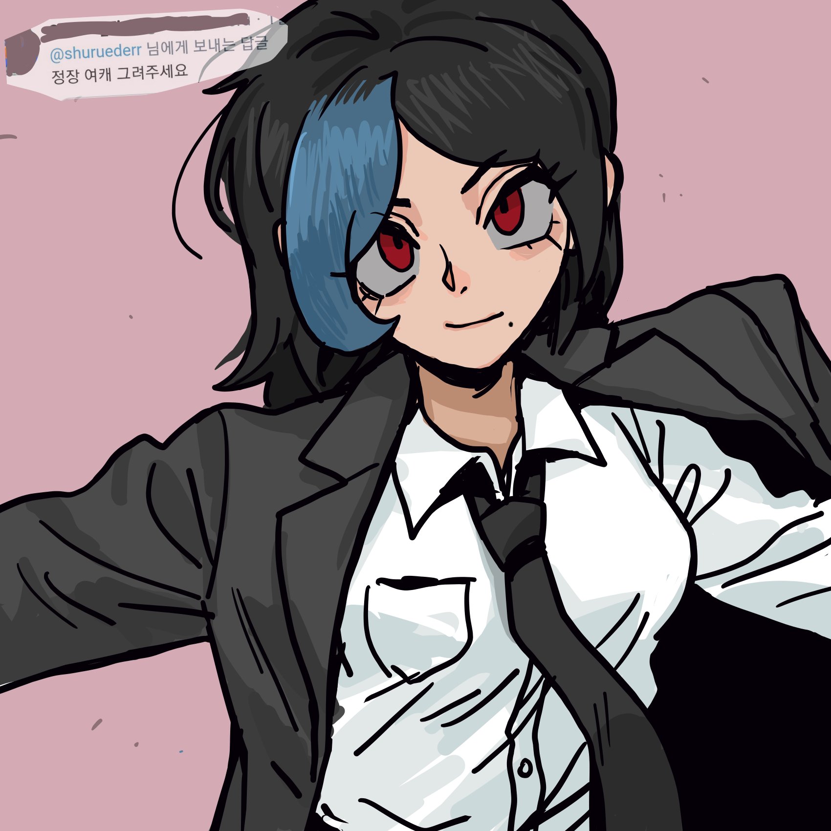 this is a digital illustration of an anime girl with black hair and blue highlights. she is wearing a black suit with a white shirt and a black tie. the girl is smiling with red eyes and is looking towards the right side of the image. the background is pink and there are some specks of white throughout the image.