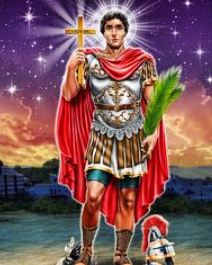 image of a christian saint depicted as a roman soldier holding a golden cross and palm frond. he is wearing armor and a red cape, with a halo around his head and standing in front of a starry night background. a roman helmet sits near his feet.