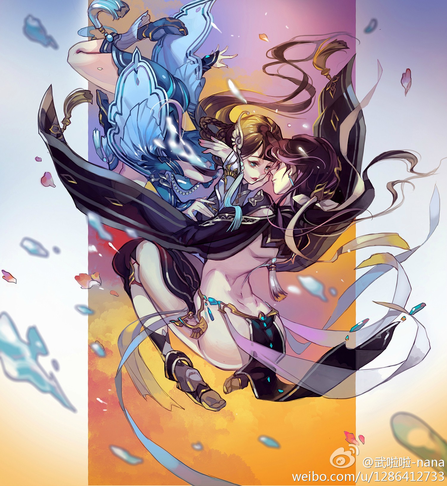 the image depicts a dynamic and colorful illustration of two anime girls in a loving embrace. one girl, dressed in a blue and white outfit, is floating in the air, her arms wrapped around the waist of the other girl, who is dressed in black with purple accents. they are both looking at each other, their faces close together as if about to kiss. the background is filled with swirling ribbons of color and light, suggesting a magical or dreamlike atmosphere. the artwork is full of energy and movement, conveying the emotions of love and passion.
