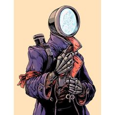 this is a digital illustration of a character concept art. there's a humanoid character standing straight and facing front, wearing a long coat and has a round, lenslike object as a head. the character also has mechanical arms with visible joints.