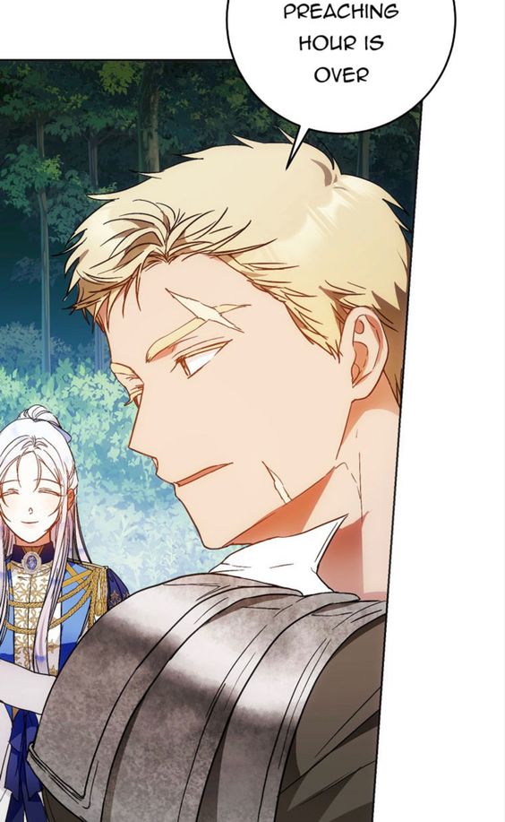 a man with blond hair and a scar on his face is looking to the left. he is wearing armor and a white shirt. a woman with white hair and a blue and gold dress is standing behind him. there is a speech bubble above the man's head that says "preaching hour is over". the background is a forest.