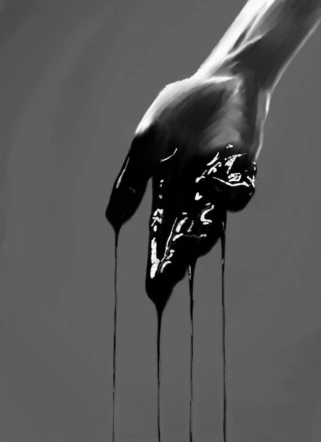 the image is a monochrome closeup shot of a hand dripping with a thick, black substance, possibly paint or oil. the hand is depicted in a somewhat artistic and surreal style, with the black substance flowing down from the fingers and hand in a dramatic manner. the background is a muted gray, creating a strong contrast with the black dripping substance and the pale skin tone of the hand.  the overall mood is dark, mysterious, and slightly ominous. the style is reminiscent of gothic or macabre art.