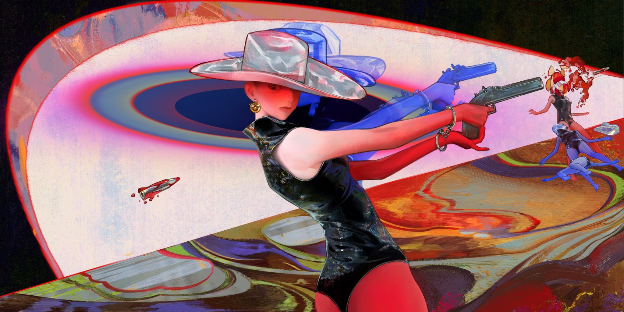 the image is a vibrant, surreal digital painting or illustration.  a woman in a stylish, silver cowboy hat and a black bodysuit is the central figure. she is depicted with multiple arms, one set holding a pistol that has just fired at another figure in the background, resulting in a bloody explosion. the woman’s arms are adorned with red gloves and handcuffs. the background is an abstract swirl of reds, blues, and other bright colors, creating a psychedelic and dynamic atmosphere.  the overall style is highly stylized and suggests a blend of fantasy, action, and fashion elements.  a bullet is visible in the upper left, indicating the trajectory of the shot. the style evokes a sense of both elegance and violence, with the contrasting elements of the woman's fashion and the act of shooting. the multiple arms could suggest a superpower or a distorted reality, emphasizing the surreal nature of the piece.
