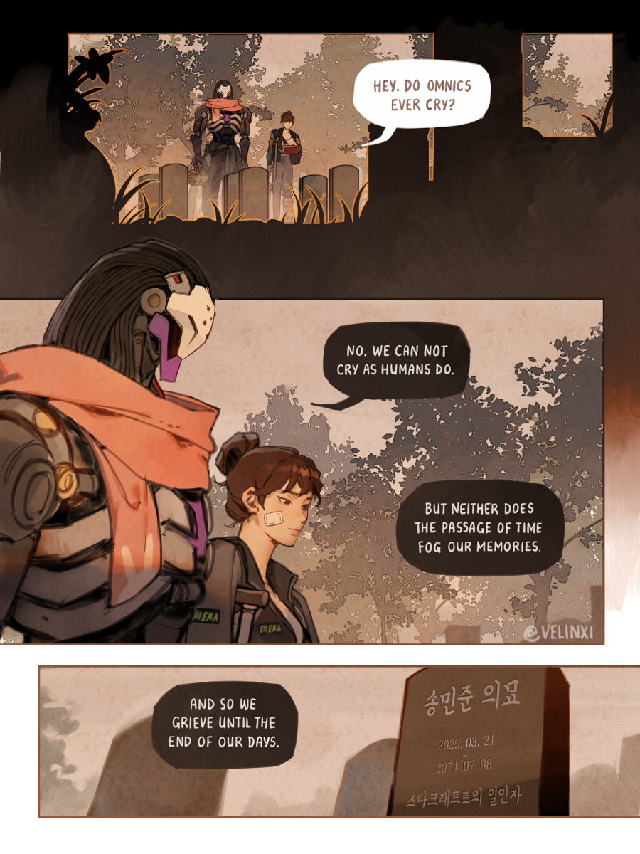 the image is a comic panel depicting a cemetery scene from the overwatch universe. d.va, a human character, stands alongside zenyatta, an omnic robot, at a gravestone. a speech bubble indicates d.va asking, "hey. do omnics ever cry?" zenyatta responds, "no. we can not cry as humans do. but neither does the passage of time fog our memories. and so we grieve until the end of our days." the gravestone has korean text on it, including the name "송민준 의료" and dates. in the background, there are other characters standing among the gravestones. the art style is soft and painterly.