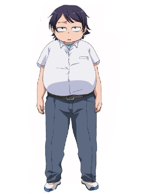 an anime male character wearing a white school uniform shirt with a blue collar, blue pants and white shoes. he has short black hair and a round face, with a tired, bored expression. he has a big belly and seems to be overweight.