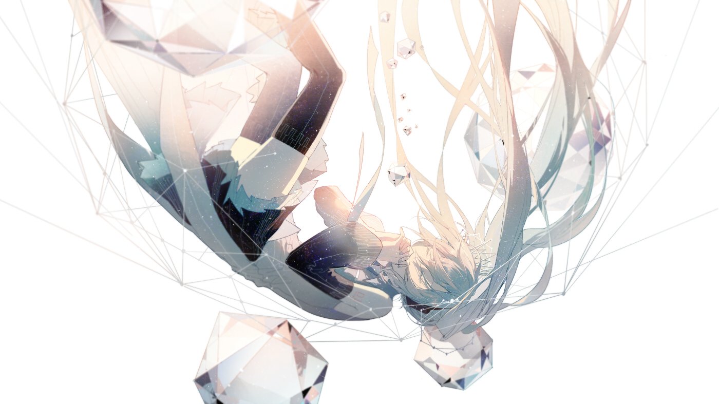 the image shows an anime girl falling downwards, surrounded by geometric shapes and diamonds. the artwork has a light and ethereal feel, set against a white background.