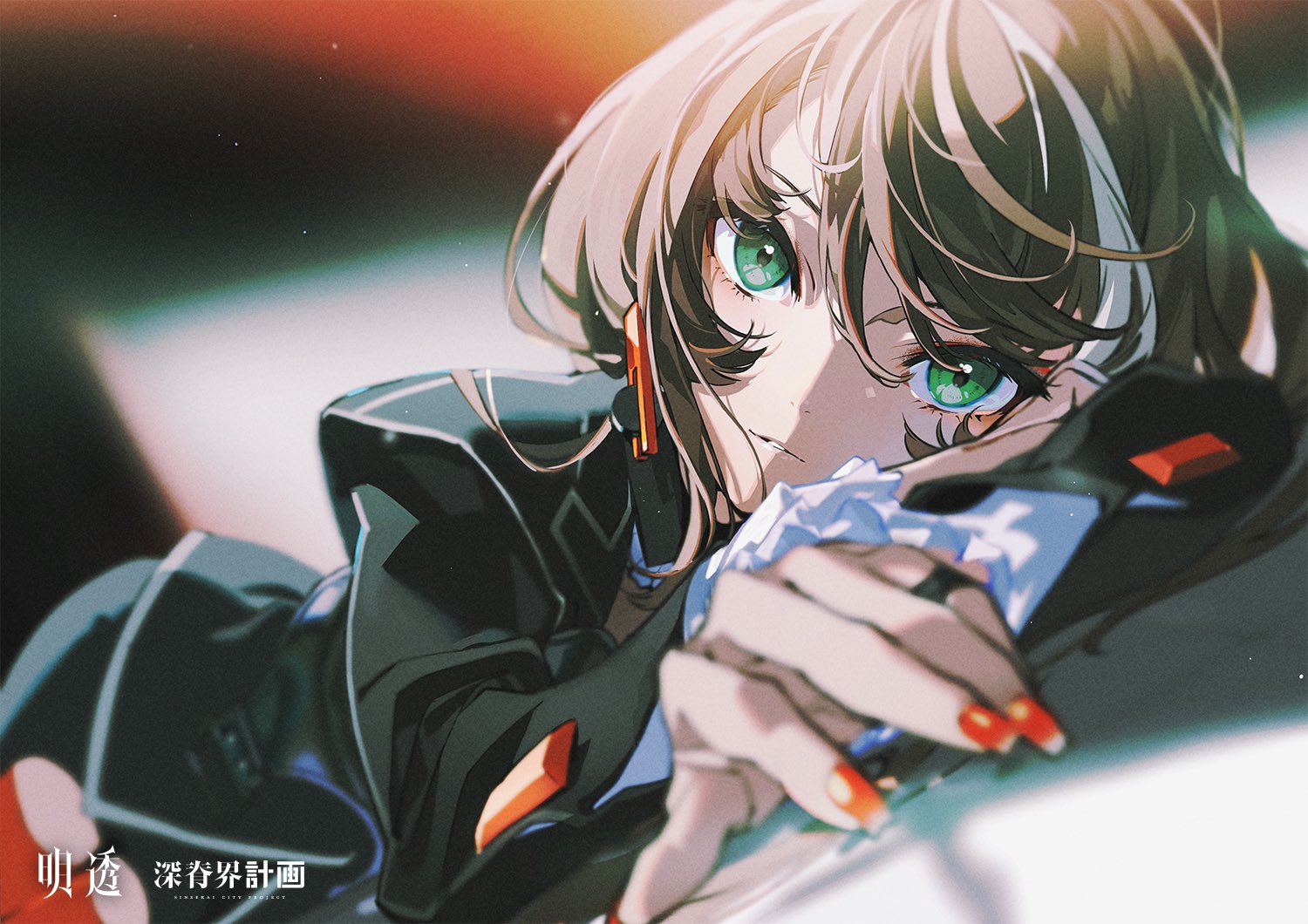 a closeup portrait of an anime girl with green eyes and brown hair, wearing a black jacket with orange trim. she is looking at the camera with a soft and focused expression, her hand resting on a white surface. the background is blurred and soft, creating a dreamy atmosphere.