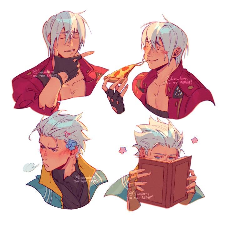 his digital fanart showcases four different expressions of nero from the devil may cry series. the first image depicts nero confidently pointing at himself with a smirk.  the second shows him happily eating a slice of pizza. the third portrays him with a slightly angry expression, a small flower behind his ear, suggesting a possible injury or a playful scene. the fourth depicts him calmly reading a book.  each image shows a unique expression, demonstrating versatility in character portrayal.  the style is vibrant and expressive, with a focus on character emotion and detail.  the watermark "forevaliers" is present on each image.