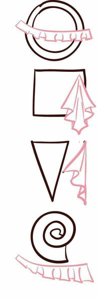 the image shows a doodle with geometric shapes, including a circle with ruffles, a square with ruffles, a triangle with ruffles, and a spiral with ruffles.