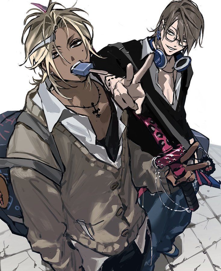 two animestyle men are posing for a picture. the man in the foreground has blond hair, dark skin, and is eating a blue popsicle. he is wearing a casual outfit consisting of a light brown jacket over a vneck shirt, and a cross necklace. he is also making a hand gesture. the man in the background has brown hair, glasses, and is wearing headphones around his neck. he is wearing a dark jacket and a shirt.