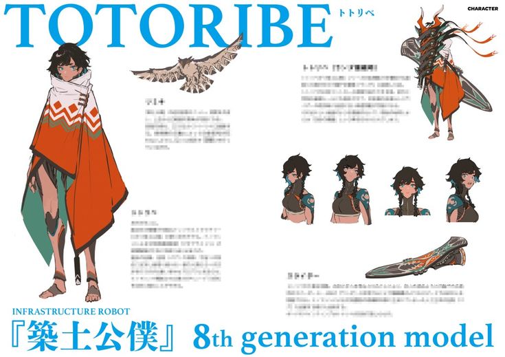 this is a character design sheet for a robot character named “totorib”, an 8th generation infrastructure robot, the character is a warriorlike robot with a cloak on his back and some weapons on his body,  it's japanese animation style and drawn with a digital technique.