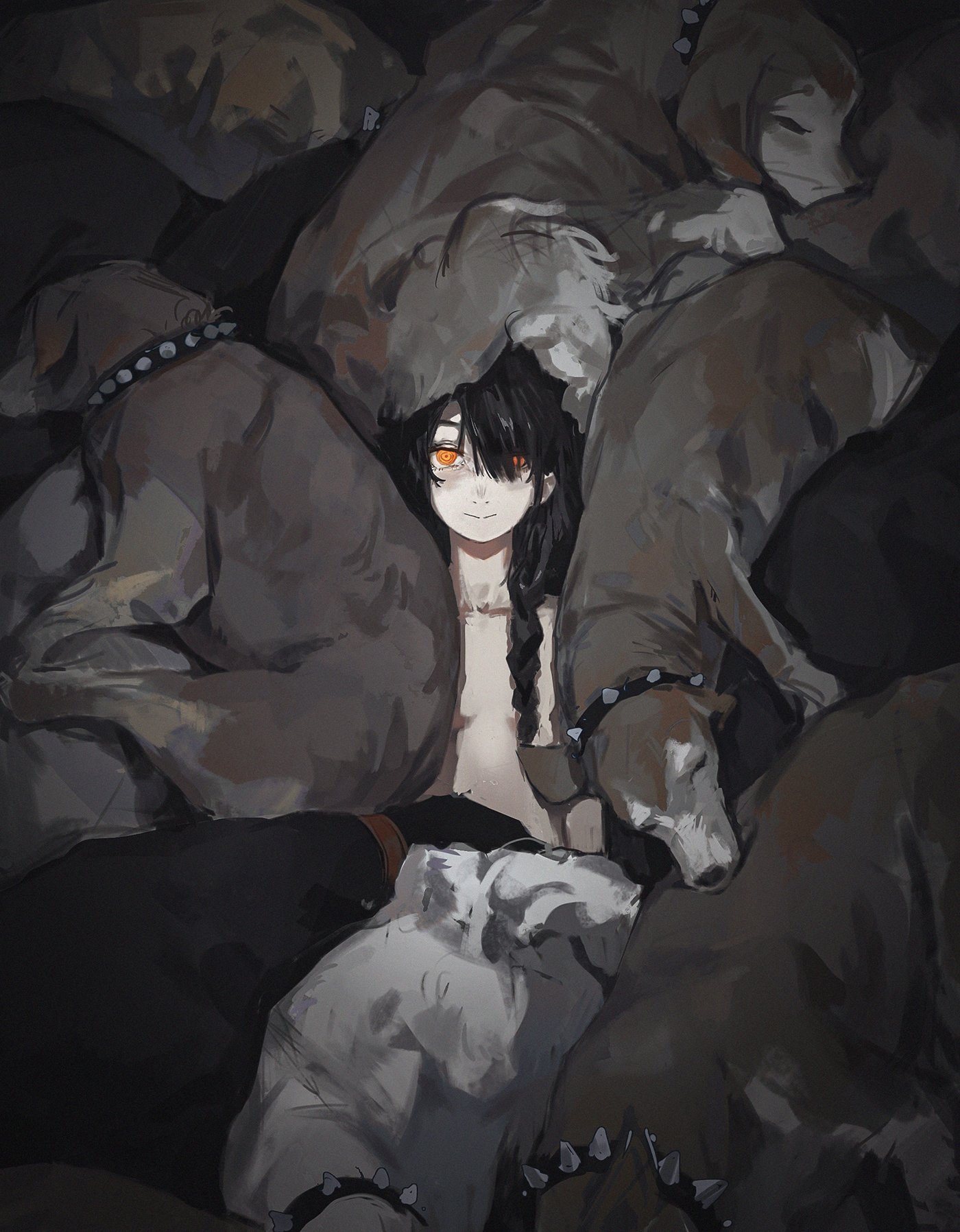 a young woman sits in the center of a group of wolves or dogs. her back is to the viewer, her hair covering her face, as she sits still amongst the sleeping pack. all the animals are grey and their fangs are visible, with some of them wearing leather collars with studs. the atmosphere is dark and scary, leaving the viewer to wonder whether the woman is in control of the pack, or if she is a captive.