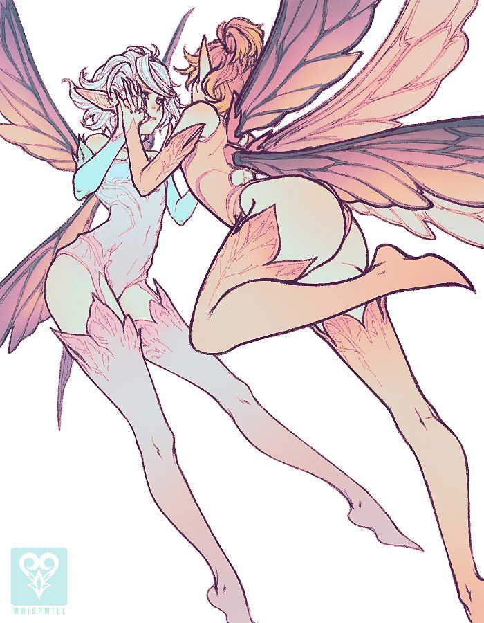 two female fairies are drawn in this illustration. the one in the front has a delicate, pink, and light blue outfit with long, feathery wings. she is looking to the side and seems sad as her hands are up to her face as if she is crying. behind her is a fairy in a more vibrant pink outfit and wings. the wings are very large and cover the bottom half of the illustration. this fairy appears to be consoling her friend as she is looking at her and holding the friend close. both fairies are drawn in a delicate style with soft lines and colors.