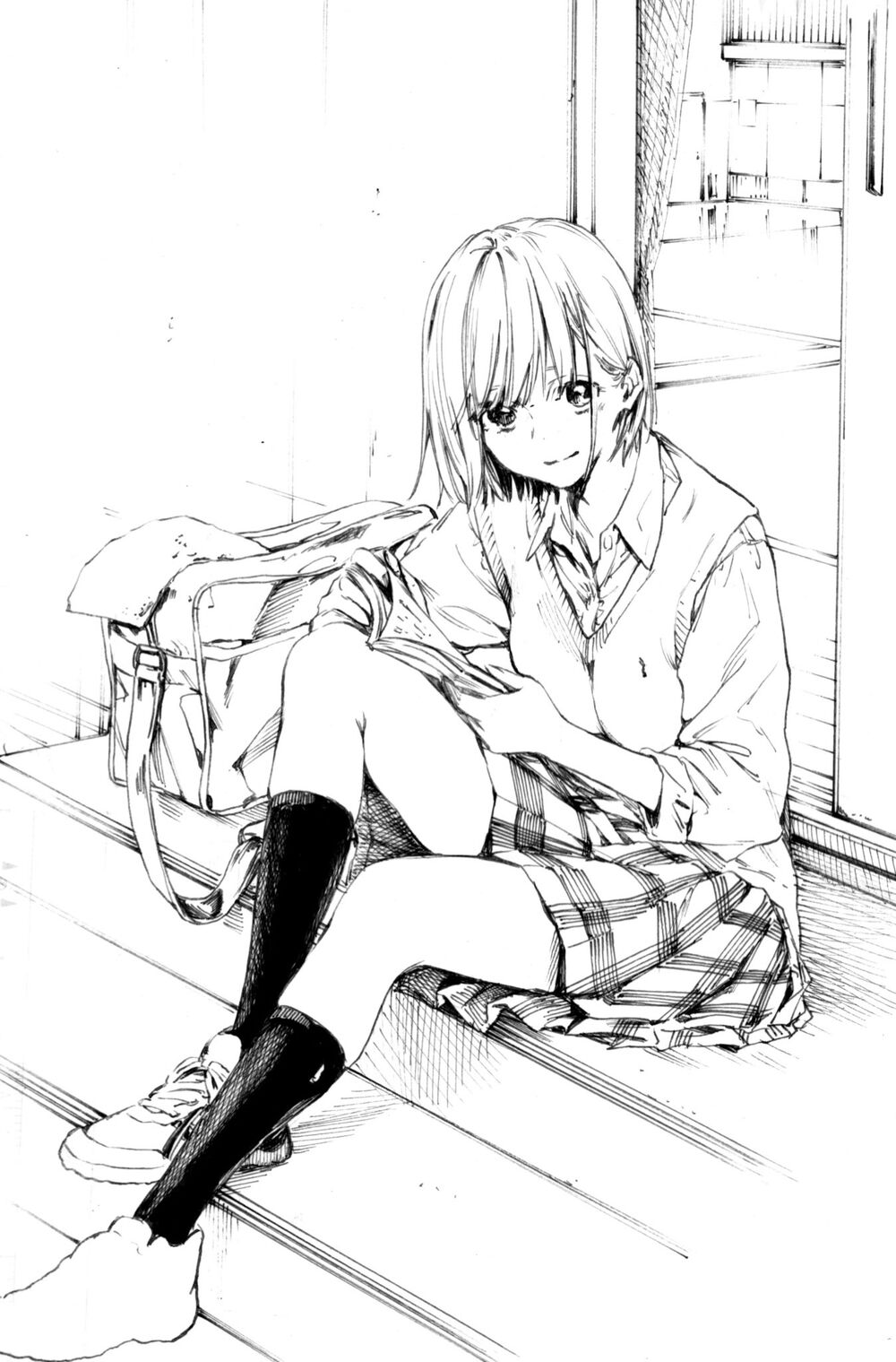 a black and white sketch of an anime schoolgirl sitting on the stairs. she is wearing a school uniform that consists of a collared shirt and a pleated skirt. she also has on long socks and shoes. she's carrying a backpack. she's sitting next to a doorway. the style of the art is very detailed and has a loose, sketchy quality.