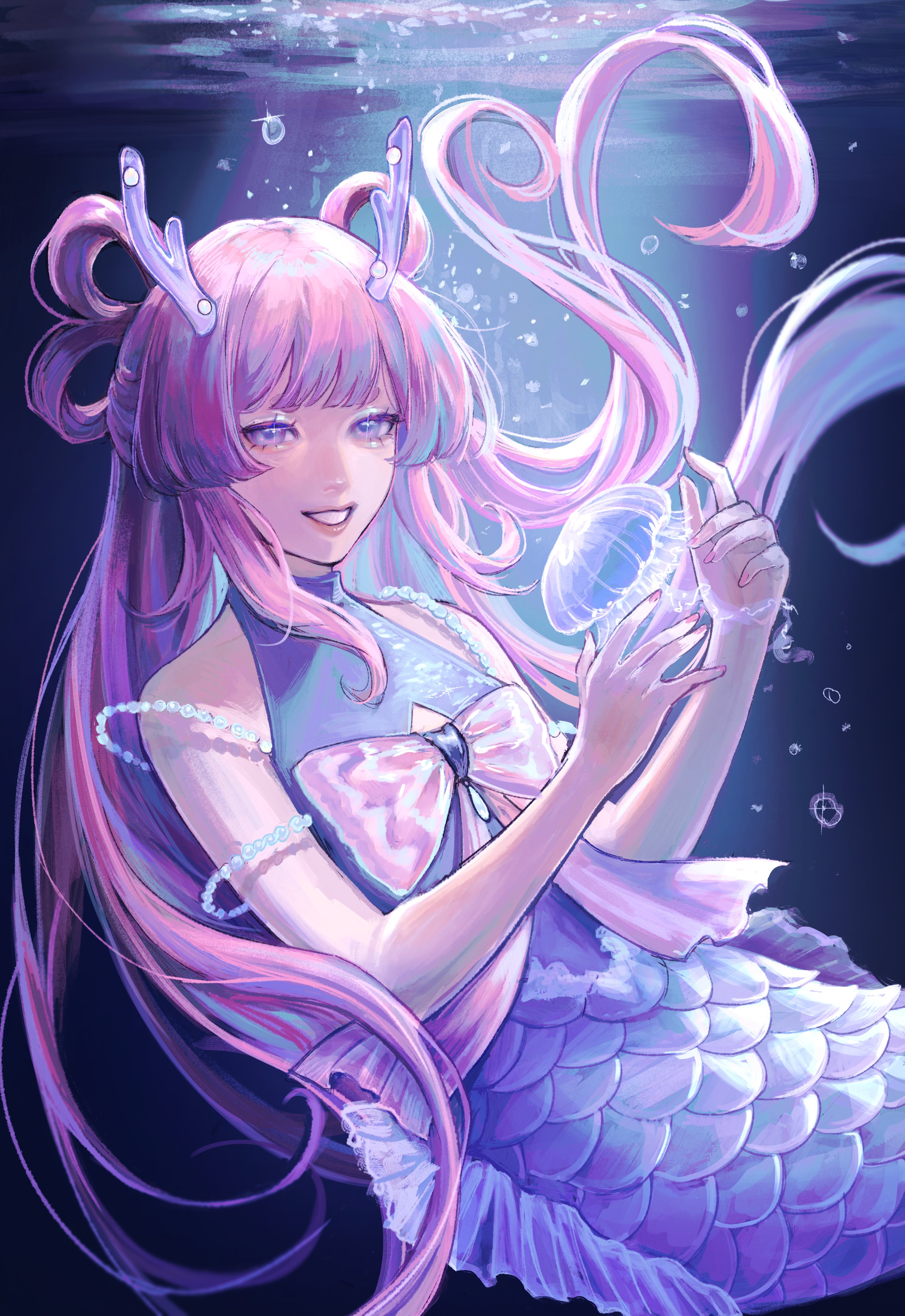 an animestyle mermaid with purple hair, a pink top, and a shimmering blue fishtail swims underwater. she holds a glowing jellyfish in her hand. the background is a hazy purple and blue, with light shining through the water. the overall atmosphere is dreamy and magical.