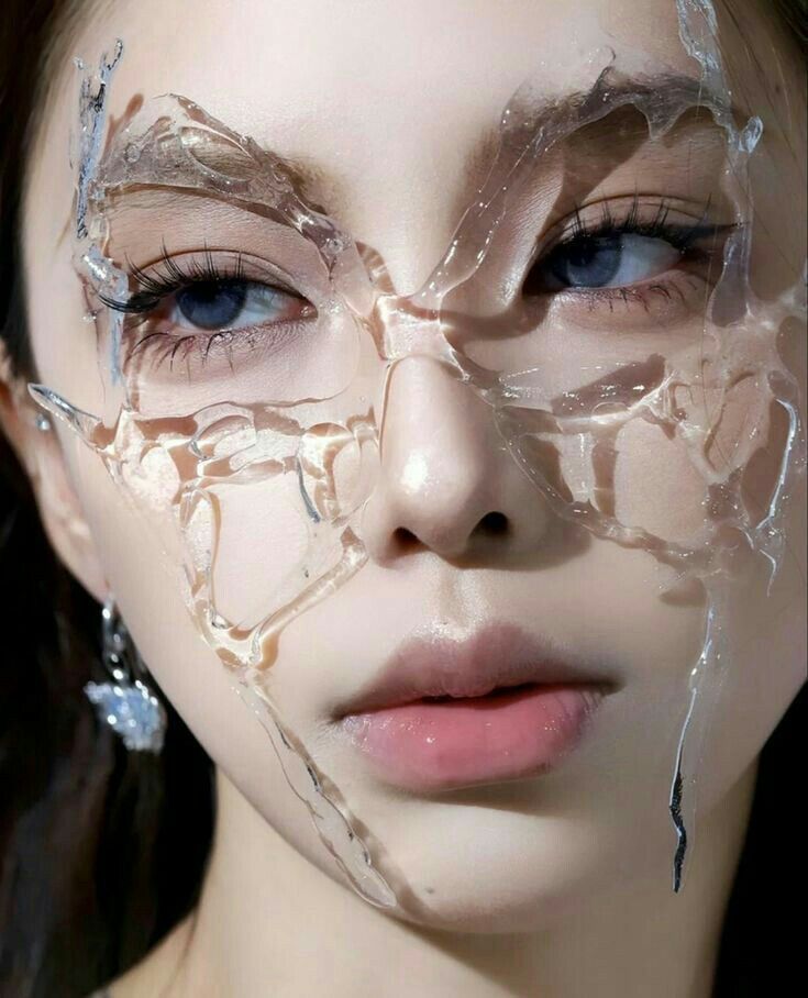 a closeup portrait showcasing avantgarde makeup. a woman with pale skin and light blue eyes stares directly at the viewer. her makeup features intricate, clear, glasslike appliqués that resemble shattered glass or ice, extending across her face in an abstract butterfly wing pattern. the overall effect is both striking and ethereal.