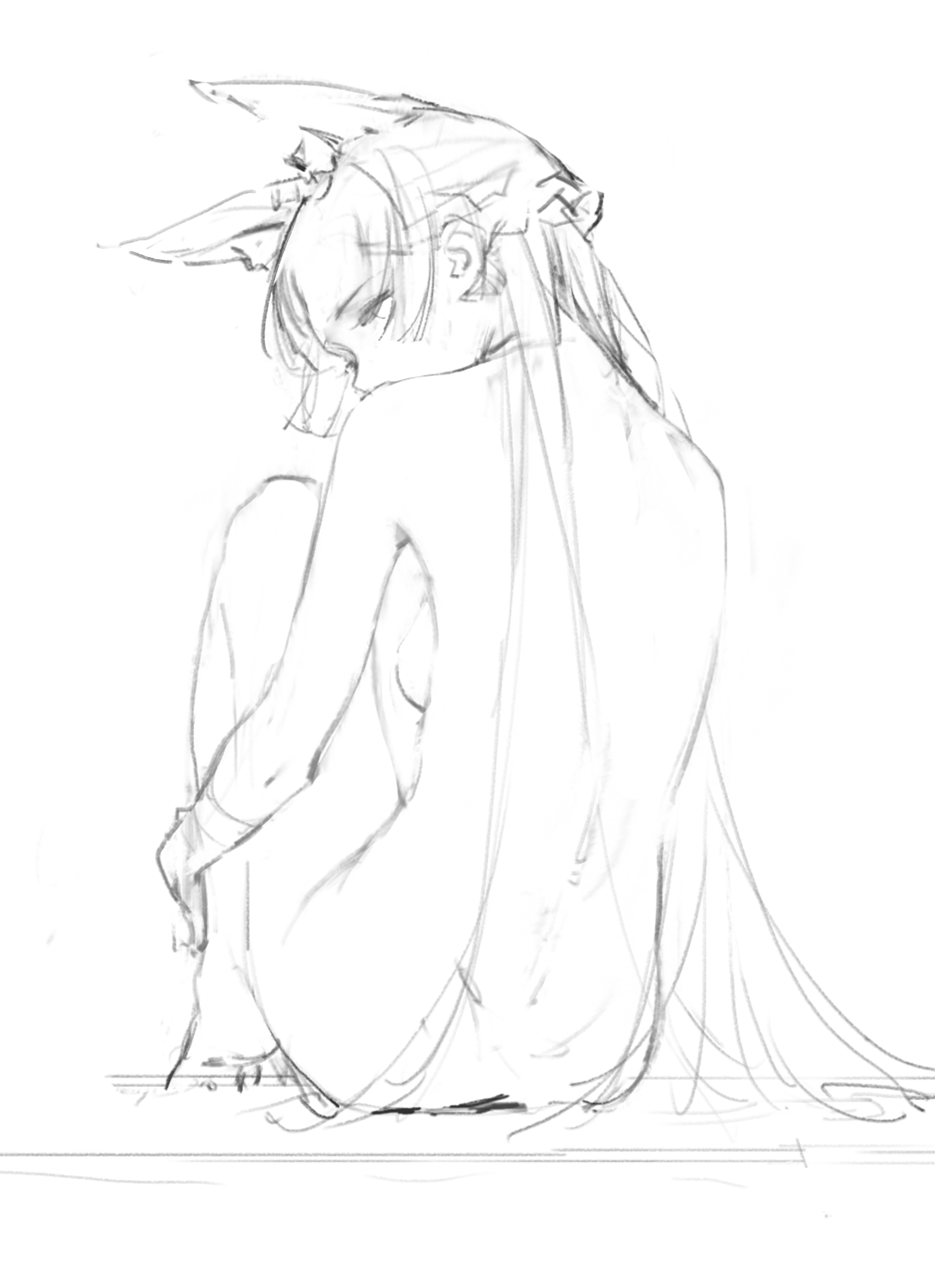 a pencil sketch of an animestyle female character sitting with her back to the viewer. she has long hair, and what appears to be horns or ears. the style is minimalist and suggestive, with soft lines and shading. the overall impression is one of grace and vulnerability.