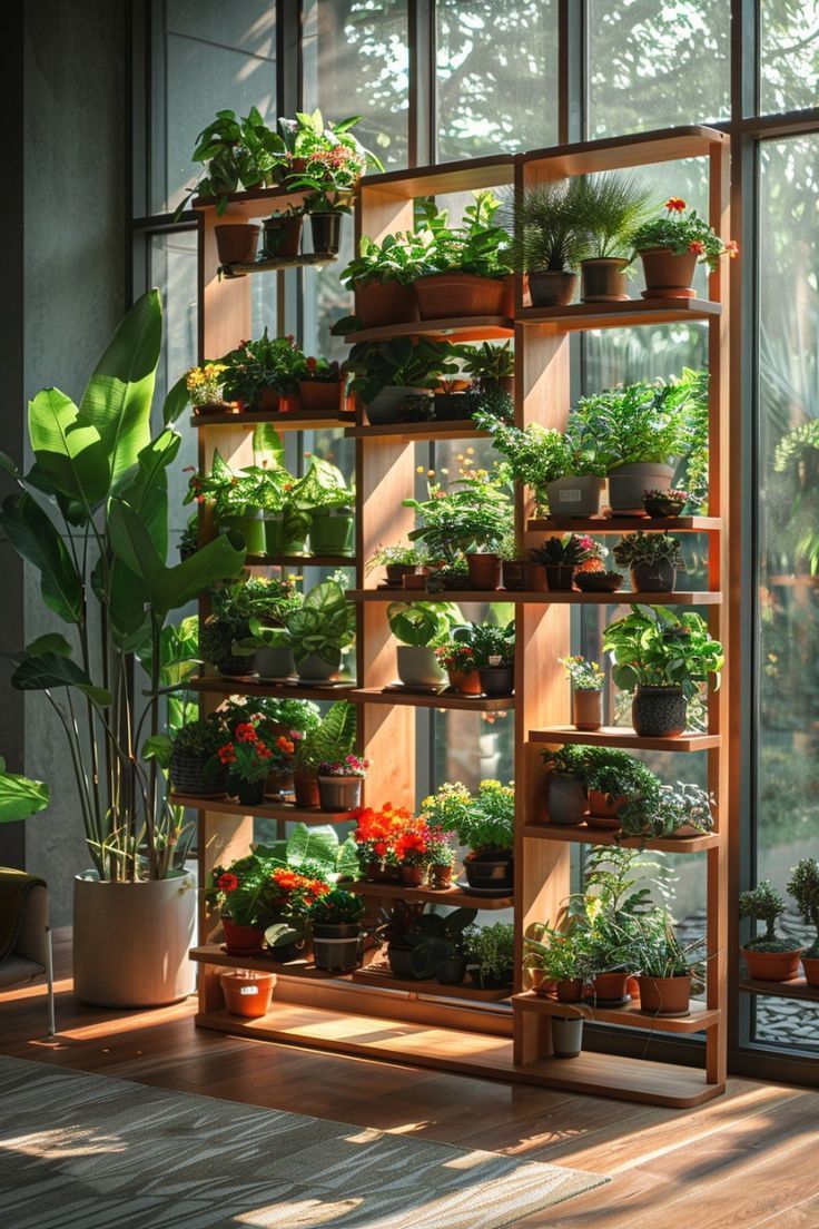 a wooden plant stand filled with a variety of potted plants stands in front of a large window, bathed in sunlight. the stand is a room divider, creating a green and vibrant space within a home.  the plants include various shades of green foliage and some orange flowering plants. the floor is wooden. the overall atmosphere is calming and natureinspired.