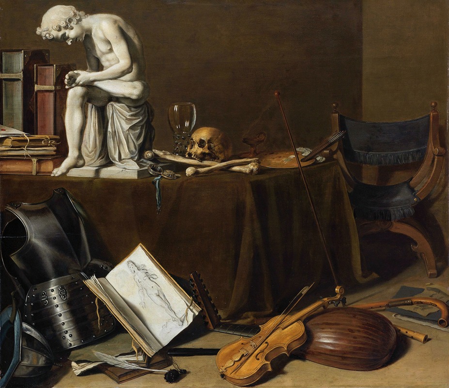 a still life painting featuring a variety of objects. a statue of a seated figure is positioned atop a stack of books on a table. next to the statue is a skull, bones, and a glass. a violin, lute, and flute rest on the floor. an open book displaying a drawing of a nude figure, armor, a chair, and a painter's palette can also be seen. the scene is lit with a dramatic chiaroscuro effect, highlighting the objects against a dark background.