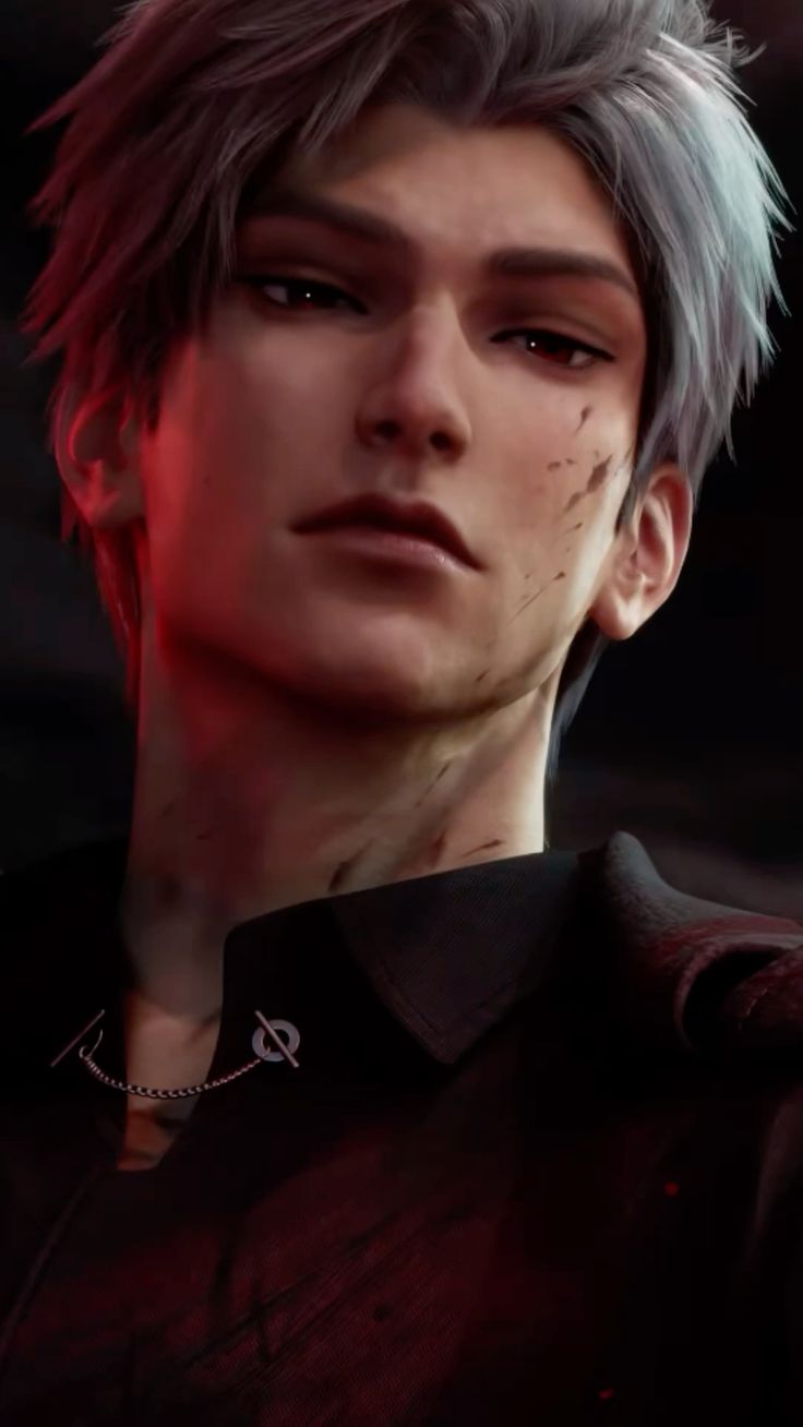 a closeup portrait of a handsome young man with white hair. he is wearing a dark jacket with a chain around his neck. his face is scarred and he has a mysterious expression. the image is dark and moody, and it has a fantastical quality.