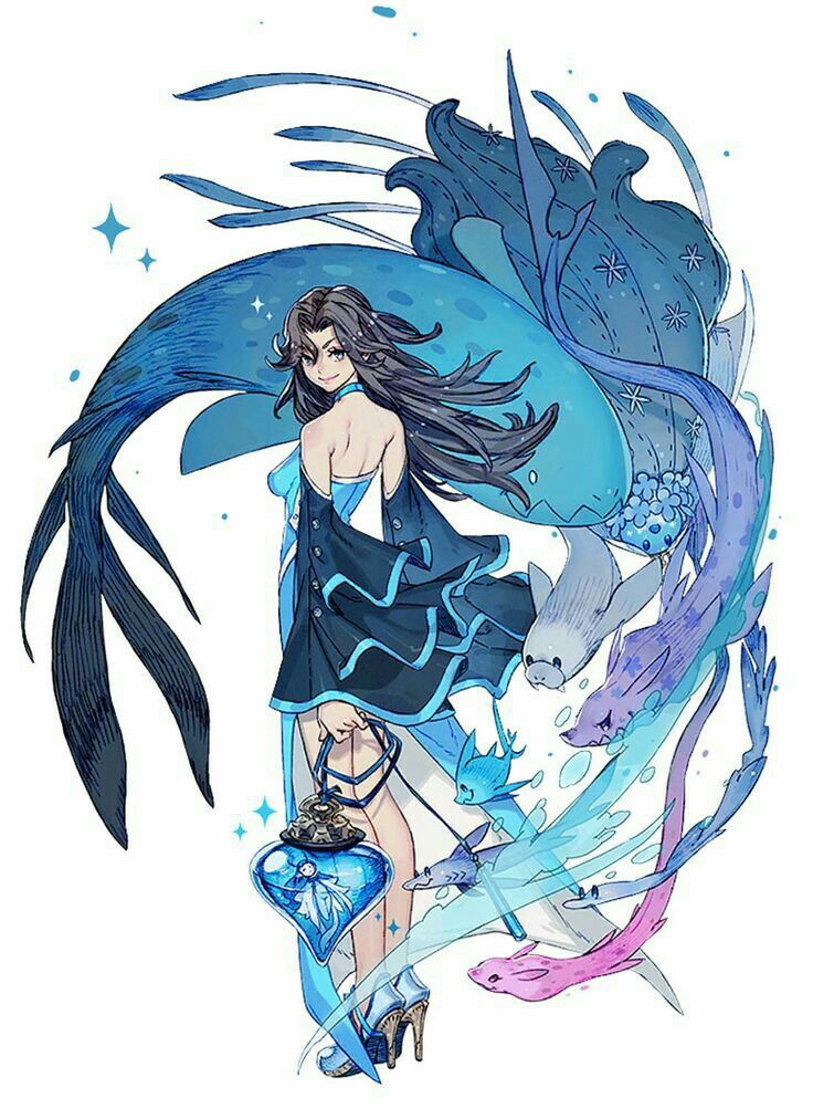 the image showcases a female character, seemingly a mermaid, with long, flowing brown hair and a captivating gaze. she's adorned in a stunning blue dress that gracefully flows around her, mimicking the movement of water. the dress features elegant, wavelike patterns and translucent layers, adding to her ethereal beauty.  her tail, a vibrant blue, blends seamlessly with the surrounding water, suggesting a deep connection to the ocean. surrounding her are various marine creatures, including fish and what appear to be stylized sharks, emphasizing her aquatic nature. the overall composition exudes an aura of grace, mystery, and the enchanting allure of the deep sea.