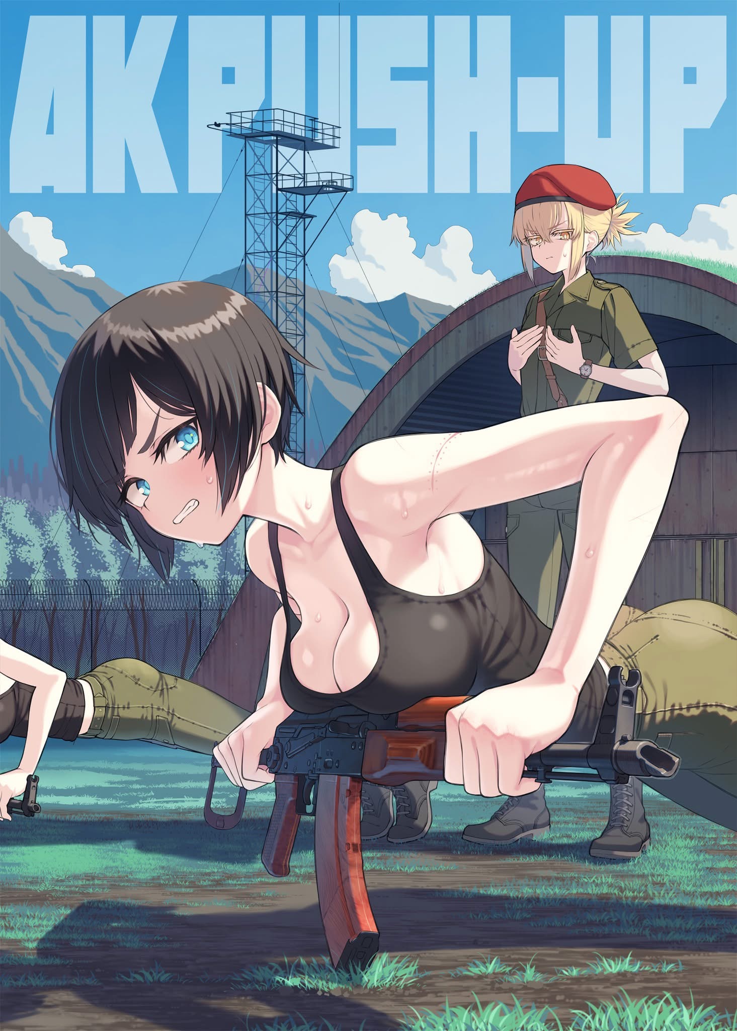 an animestyle image depicts a woman doing pushups on an ak47 rifle. she has short, black hair and blue eyes, wearing a black tank top and green military pants. she appears to be sweating and exerting effort. behind her, a woman in a military uniform with a red beret stands watching. in the background, there is a barracks, a tall tower, mountains, clouds, and a blue sky. there are also grassy patches on the ground. the text "ak pushup" is visible at the top of the image. another woman is partially visible to the left, also doing pushups with a gun.