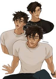 this is a digital fanart drawing of three men with similar features. they all have dark brown hair and brown eyes, and are wearing plain white tshirts. two are in the background and one is in the front. the image has a muted color palette.