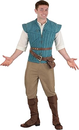 a man in a flynn rider costume from the movie tangled is pictured. he wears a quilted blue vest over a white shirt, with a brown belt and pouch at his waist. he also wears tan pants and tall brown boots. he is smiling and looking at the viewer.