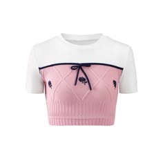 a pink and white cropped shirt with a bow detail and argyle design. the shirt is knitted and has short sleeves. the shirt is a stylish and casual piece that would be perfect for summer or spring.