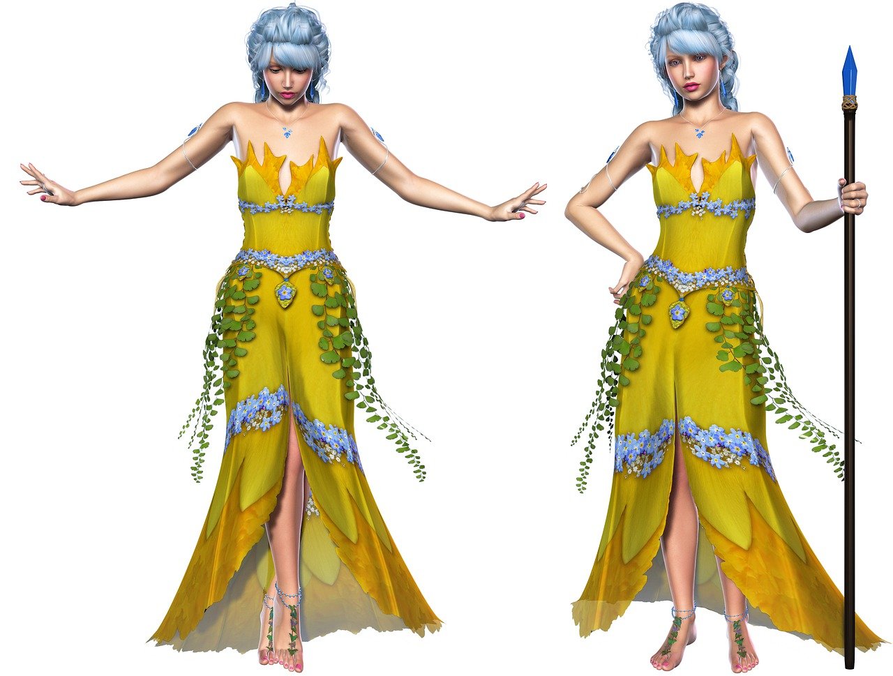 the image shows two women dressed in similar fantasy outfits against a white background. they both have light blue hair styled in a similar way. they are wearing long yellow dresses adorned with blue flowers and green leaves, and they are barefoot with ornate jewelry on their feet. the woman on the right is holding a spear with a blue tip. the woman on the left has her arms outstretched to the sides.